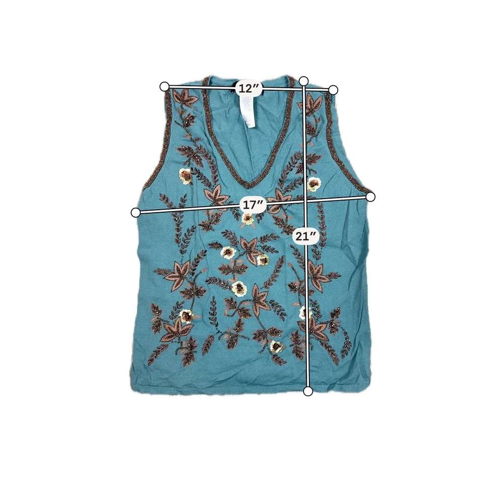 Teal Knit Beaded Tank Top -‎ SIZE M Jones New York Floral Sequins Fall Elegant - Picture 6 of 6